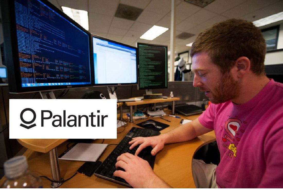 Man using a computer and Palantir logo