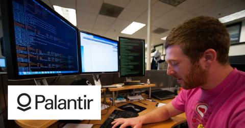 Man using a computer and Palantir logo