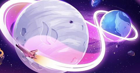 Illustration of rocket swirling around planets with Huobi logo