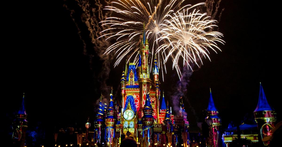 Fireworks in front of Cinderella's castle at Disney World in Florida