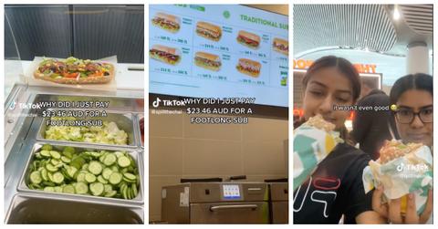 TikTok video clips of expensive Subway footlong sandwich.
