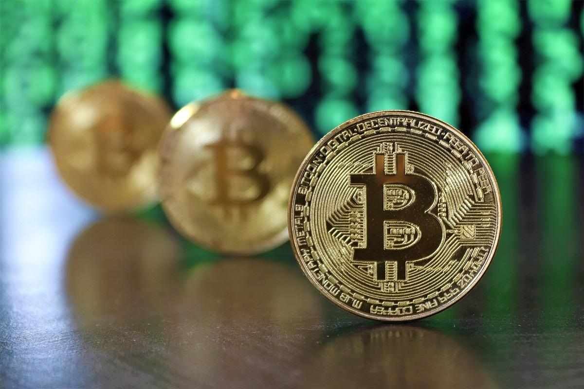 Bitcoins on Wooden Table 