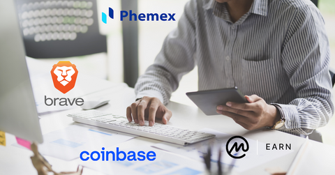 Man looking at data and crypto trading platform logos