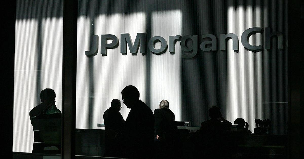 JPMorgan bank sign and people