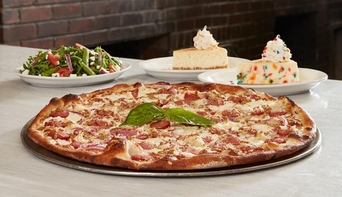 Grimaldi's Pizza, salad, and dessert