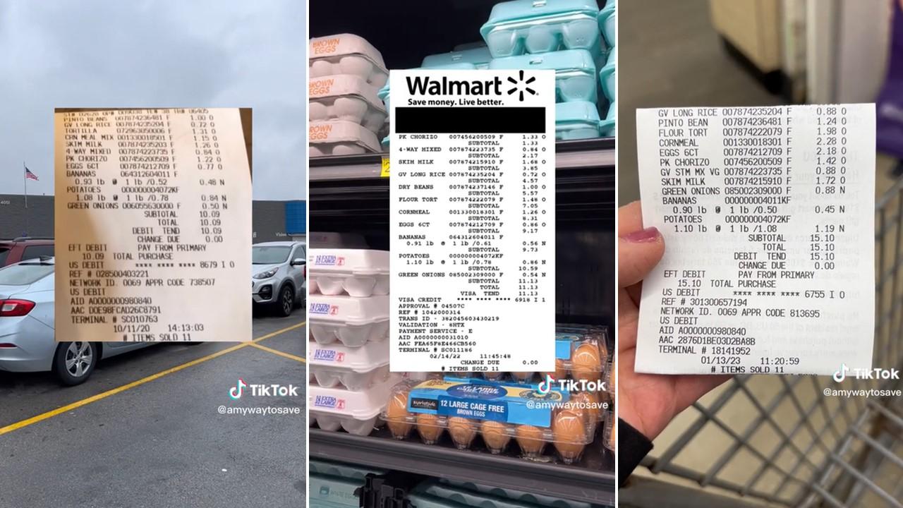 Receipts from TikTok user documenting how prices went up at Walmart over two years. 