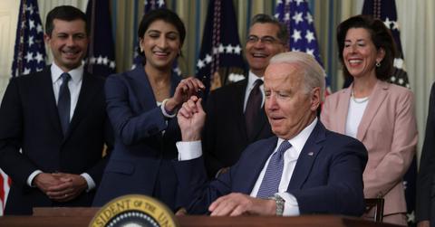 President Biden passing a pen to FTC Chair Lina Khan