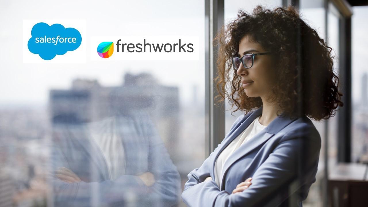 Woman looking out a window with Freshworks and Salesforce logos