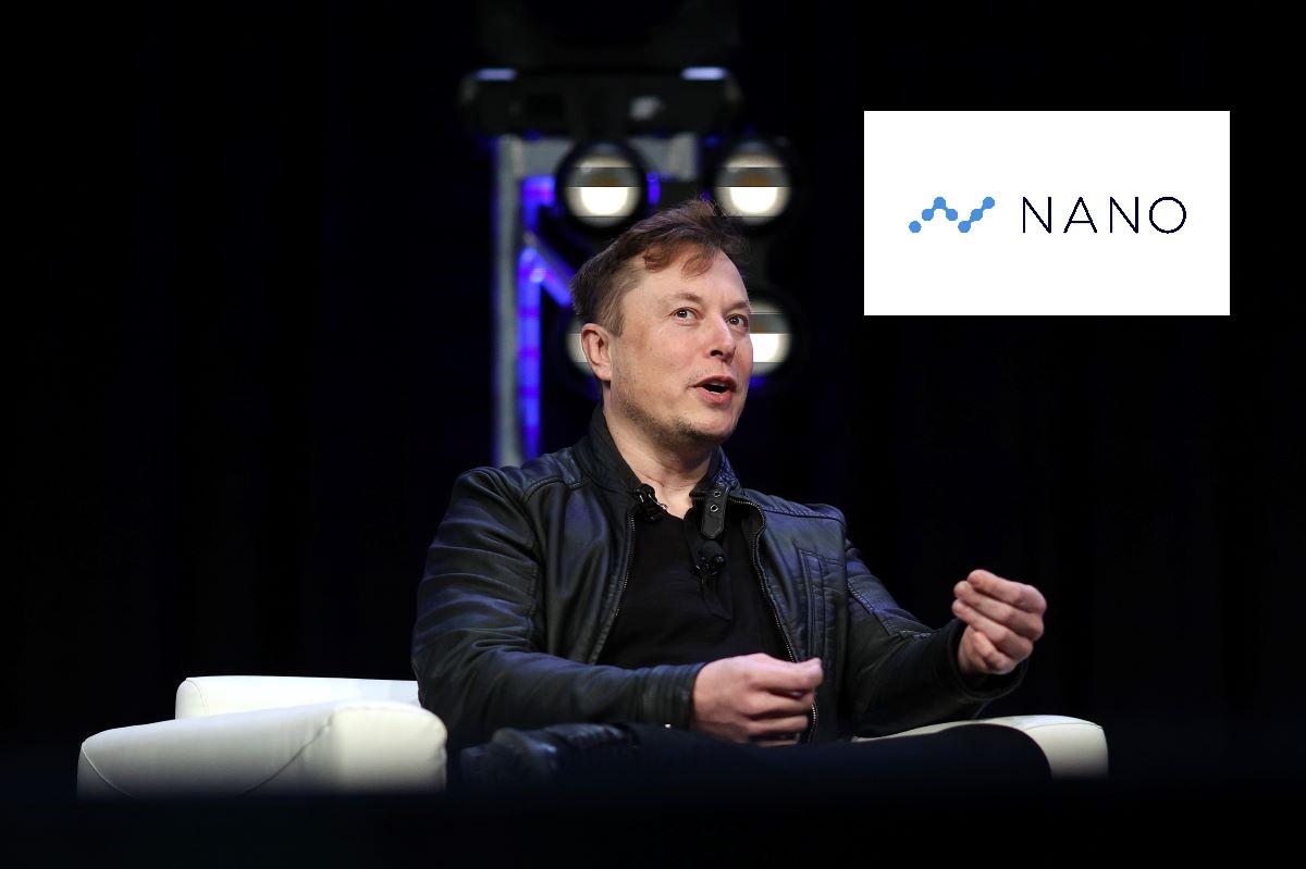 Elon musk speaking with Nano logo over background