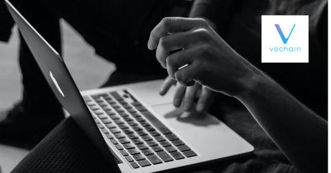 Person using a laptop and VeChain logo