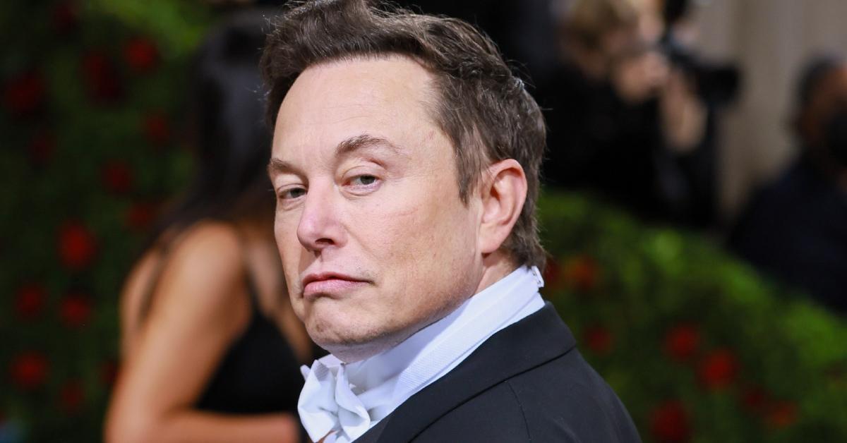 Elon Musk in suit and tie stands on red carpet at the 2022 Met Gala.