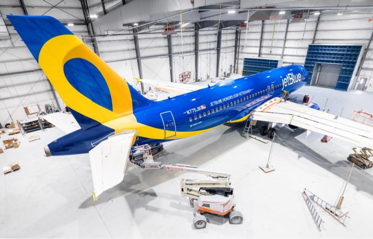 JetBlue plane in a hangar