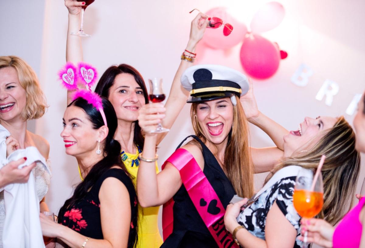 Bride and bridesmaids at a bachelorette party