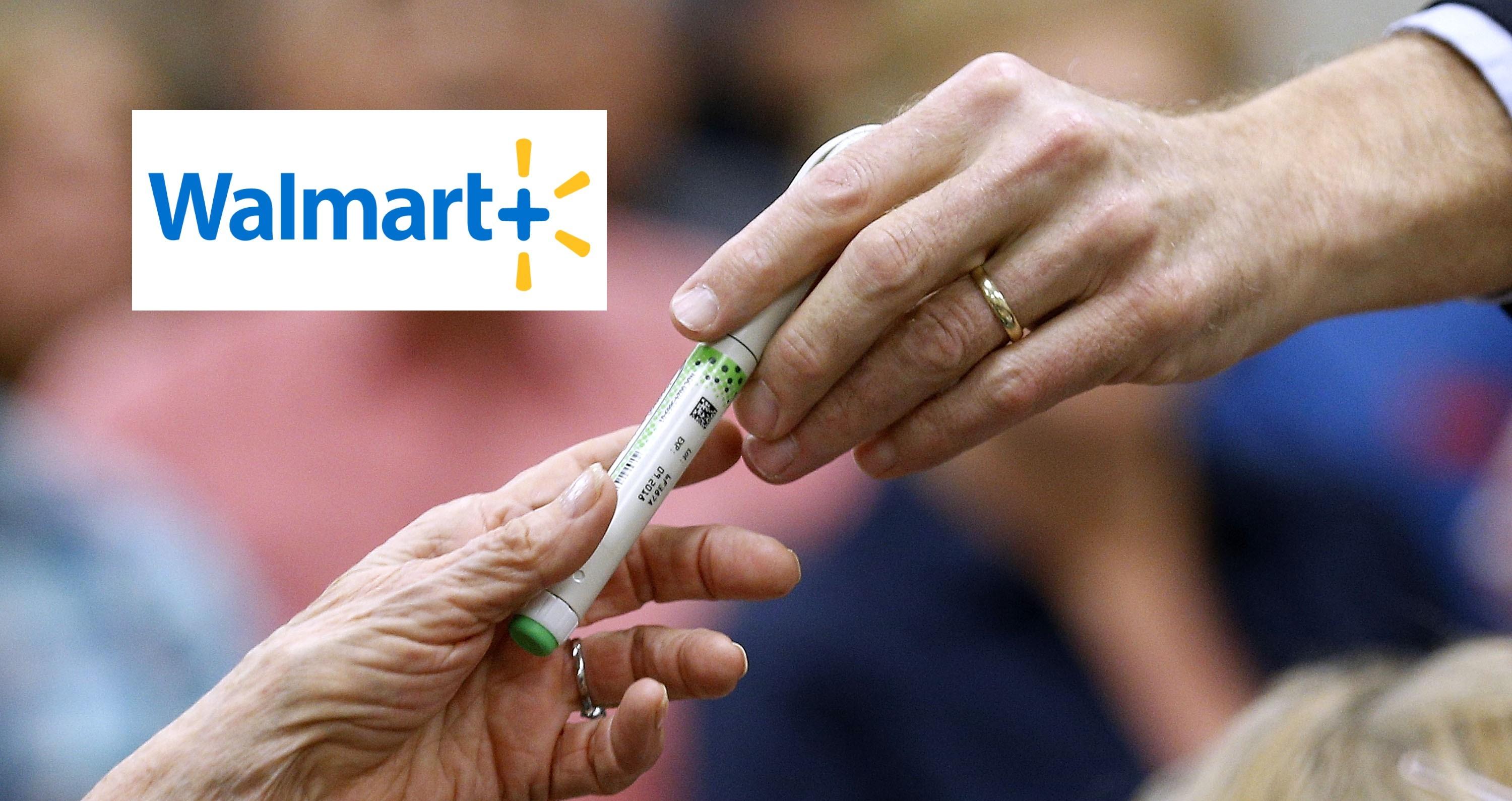 Walmart logo over hands exchanging insulin vial