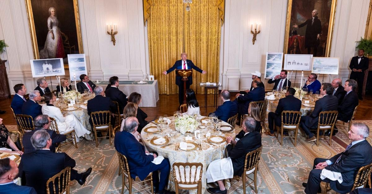 Trump speaks during a fundraiser for his new ballroom