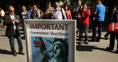 People looking at a government shutdown poster