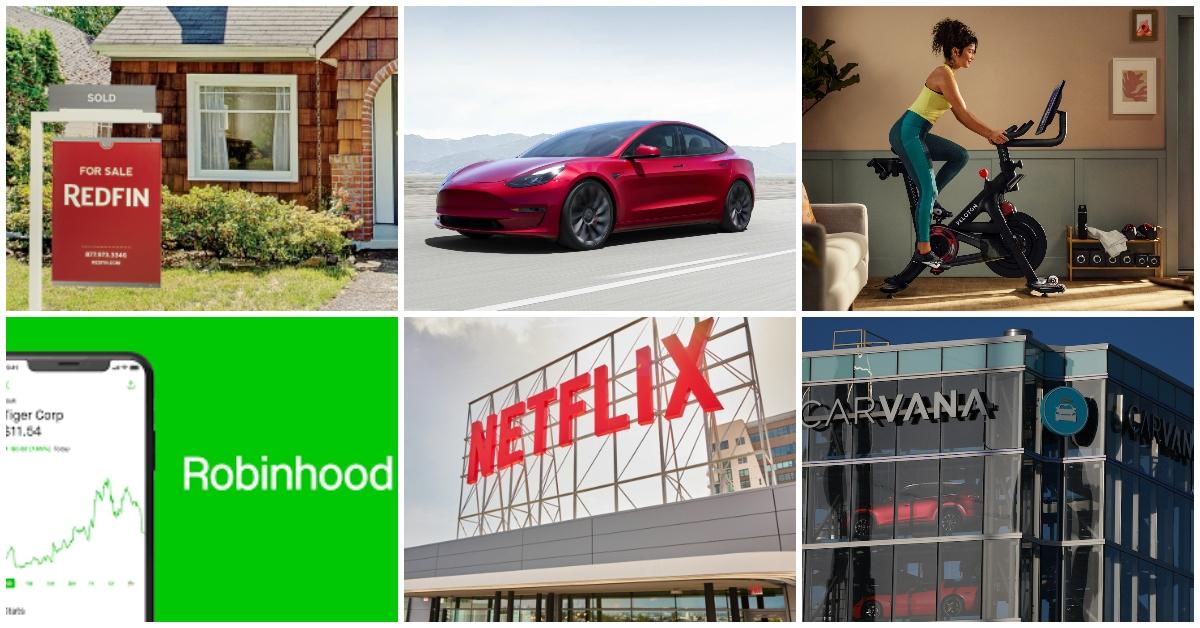 A collage of companies with layoffs in 2022 (clockwise from top left) Redfin, Netflix, Peloton, Carvana, Netflix, Robinhood