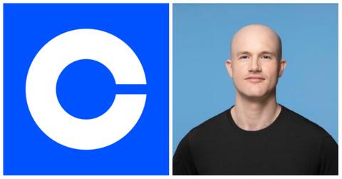 Coinbase logo and Brian Armstrong
