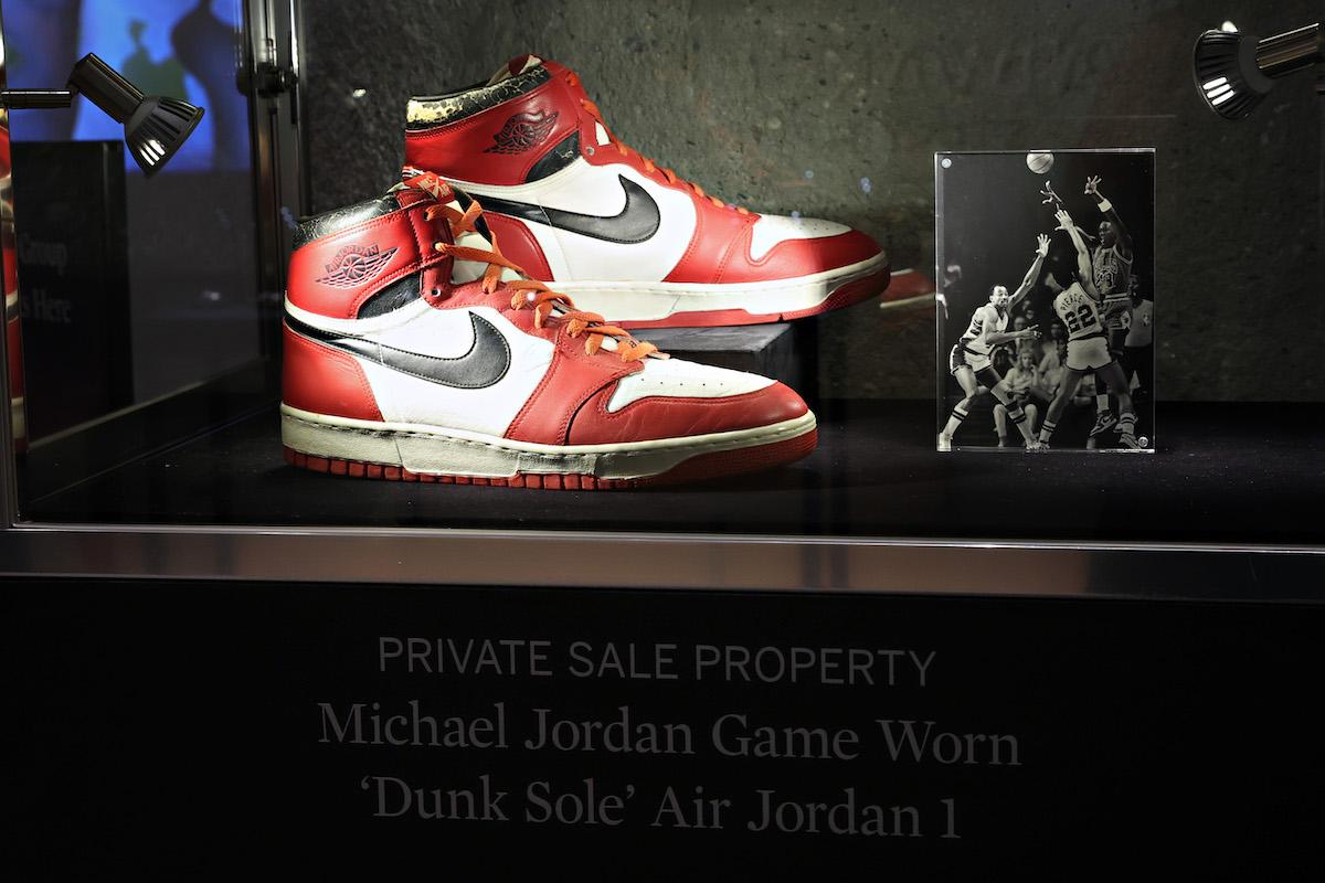 A pair of Michael Jordan's Air Jordan 1 shoes