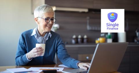 Woman using a laptop and Single Finance logo
