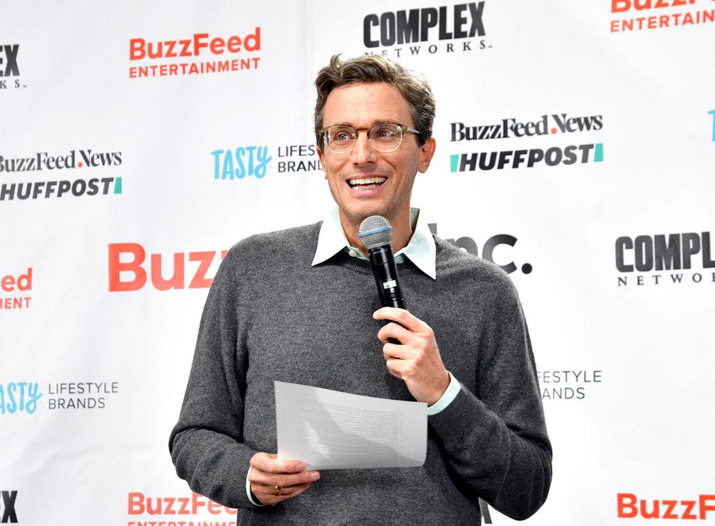 BuzzFeed Jonah Peretti speaks in front of his team celebrating BuzzFeed Inc.'s Listing Day at BuzzFeed NYC