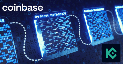 Coinbase and KuCoin logos over blockchain