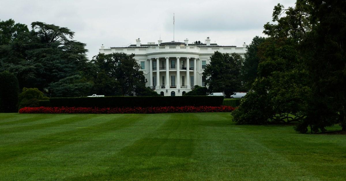 A frontal view of the White House.