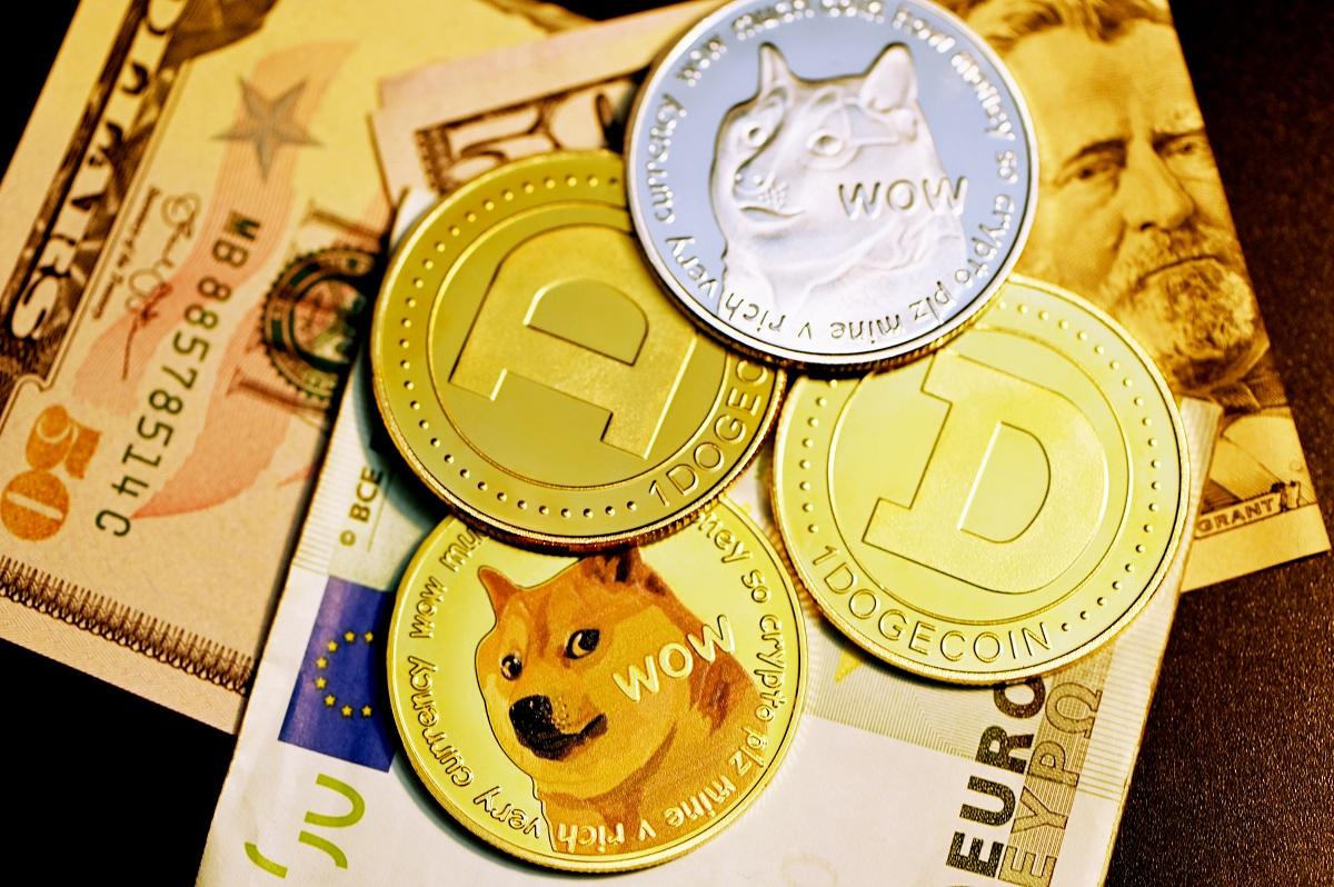 Dogecoin tokens on currency notes