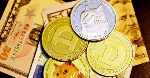 Dogecoin tokens on currency notes