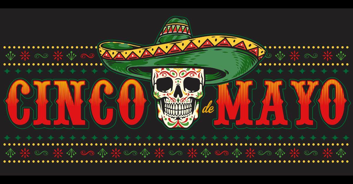 A Cinco de Mayo banner with a Mexican skull and sombrero