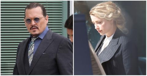 A side-by-side composite image of Johnny Depp and Amber Heard exiting a courthouse in Faifa County, Va.