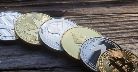 Cryptocurrencies on a table