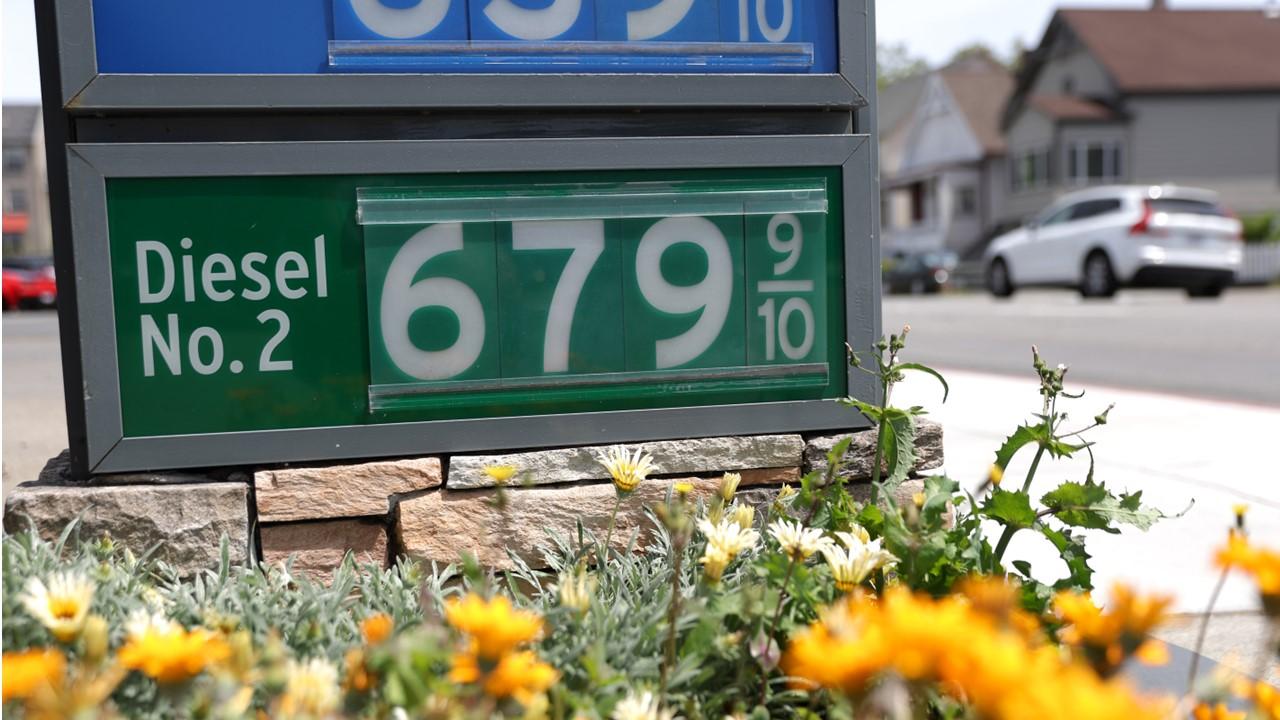 A gas station displays the cost of diesel fuel per gallon.