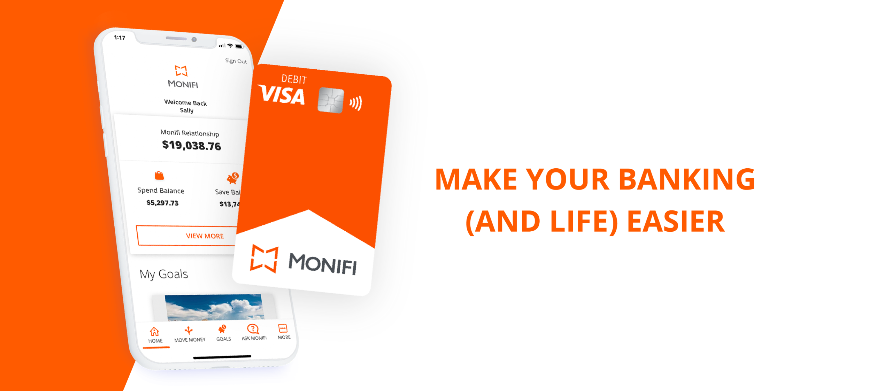 Monifi app on a smartphone and debit card