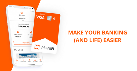 Monifi app on a smartphone and debit card