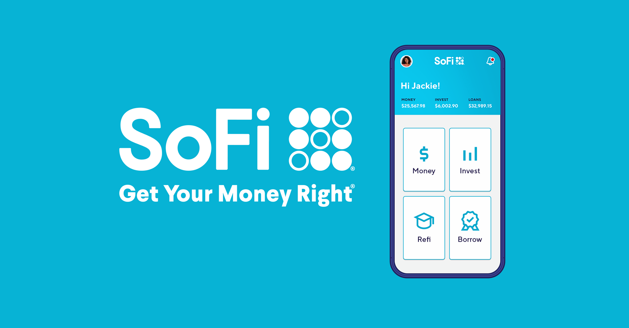 SoFi app on a smartphone and SoFi logo