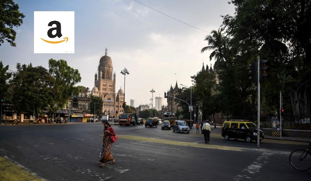 amazon logo over image of mumbai india