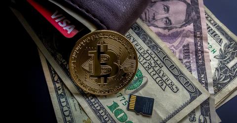 Bitcoin token, dollars, and a wallet