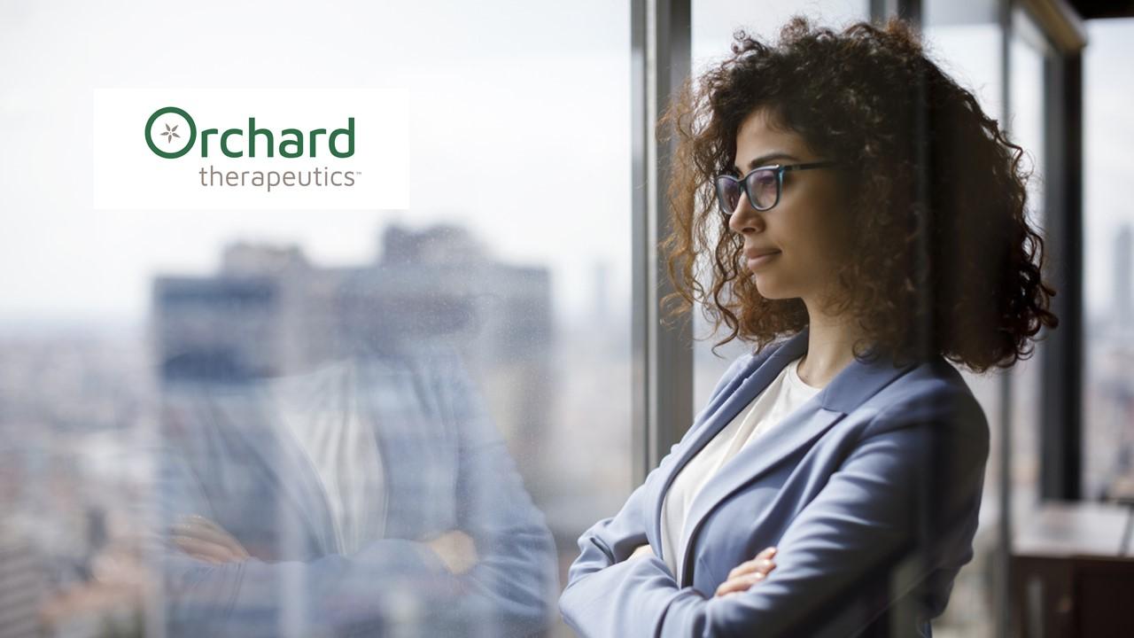 Woman looking out a window and Orchard Therapeutics logo