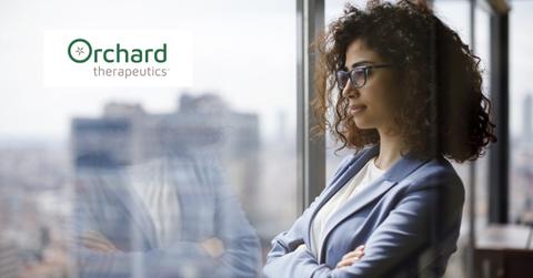 Woman looking out a window and Orchard Therapeutics logo