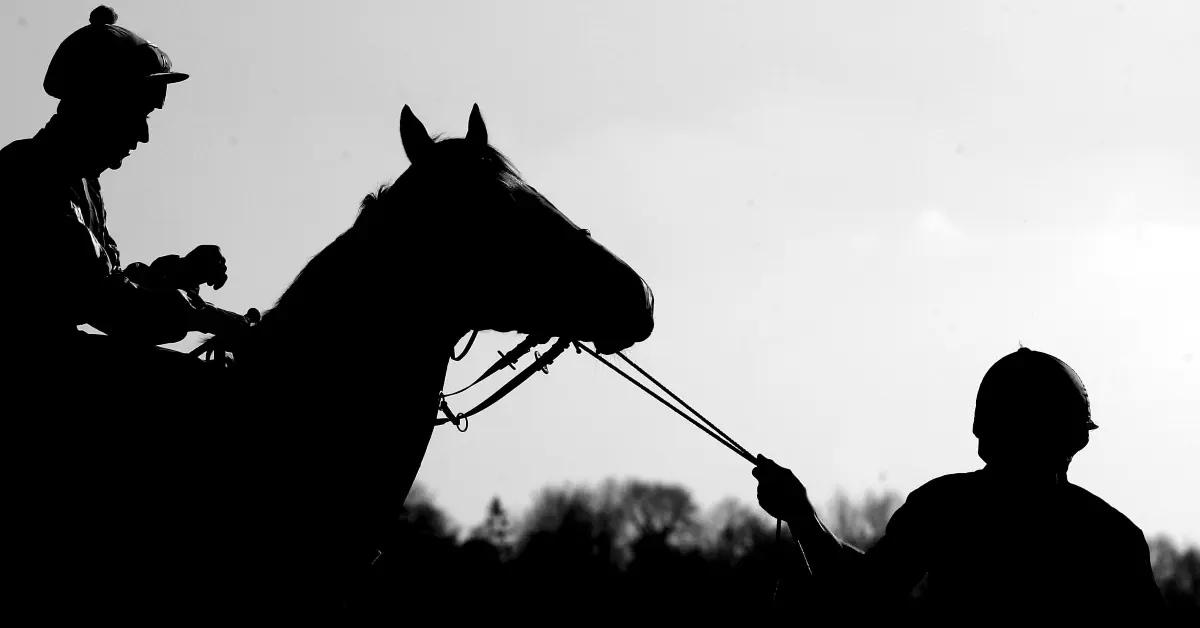 A trainer leading a horse with a jockey is the saddle