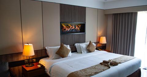 A hotel with white and brown decor