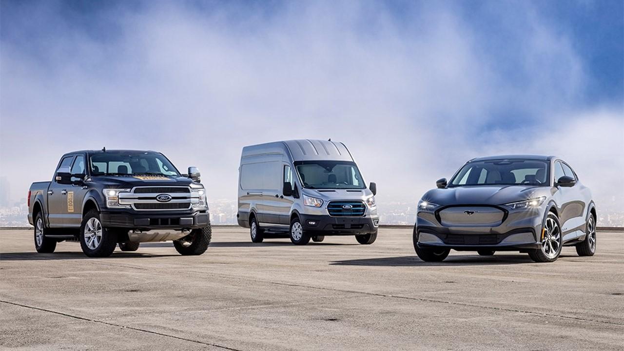 Electric Ford F-150, van, and Mustang