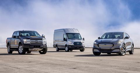 Electric Ford F-150, van, and Mustang