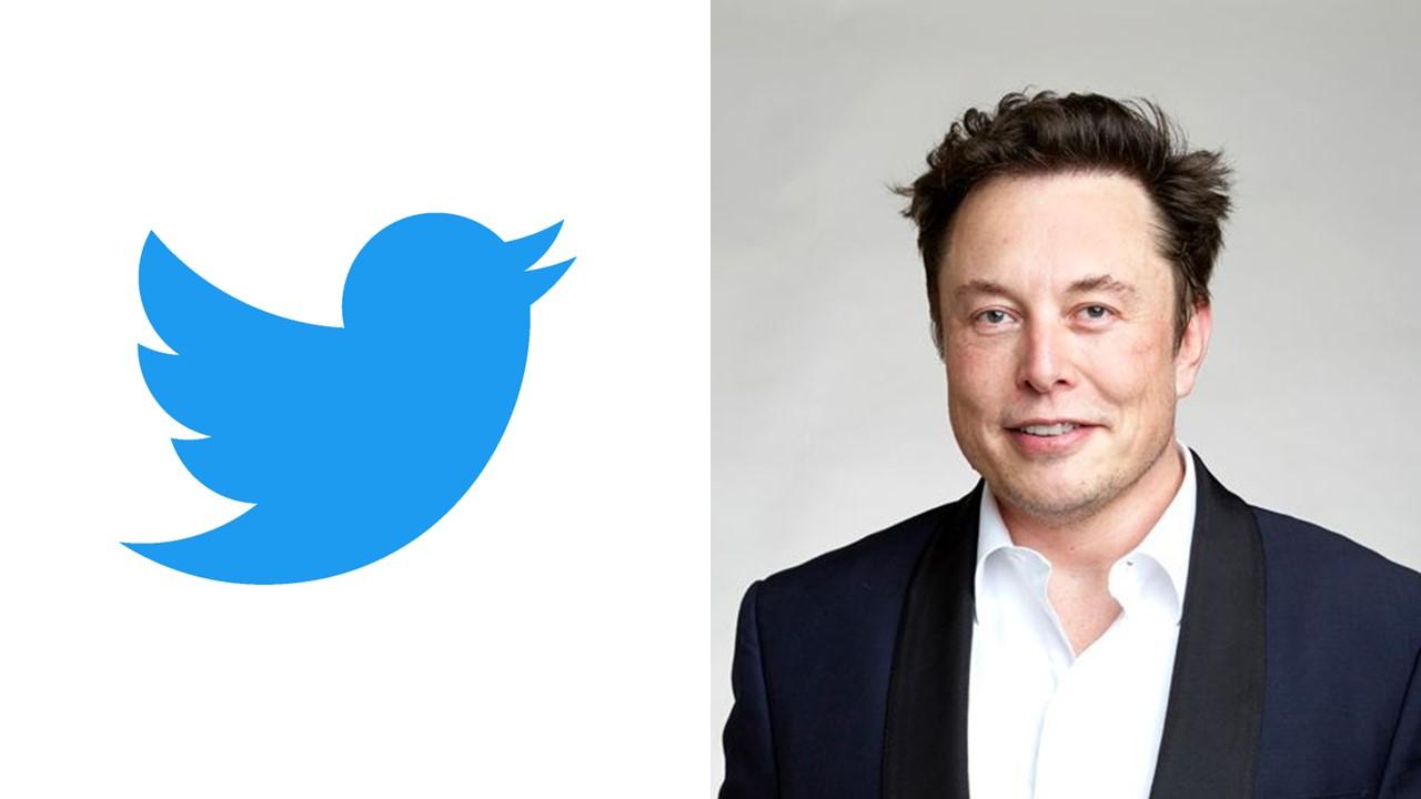 Twitter logo and Elon Musk