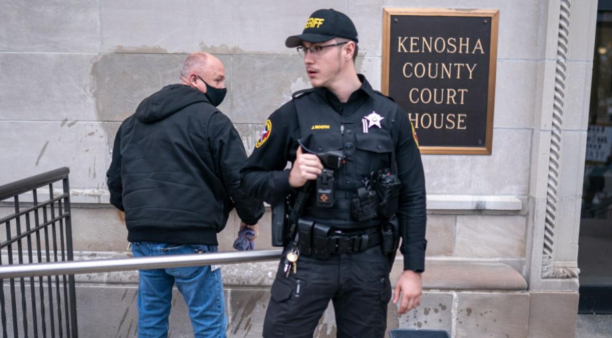 A sheriff's deputy at the Kenosha County Court House during the Rittenhouse trial.