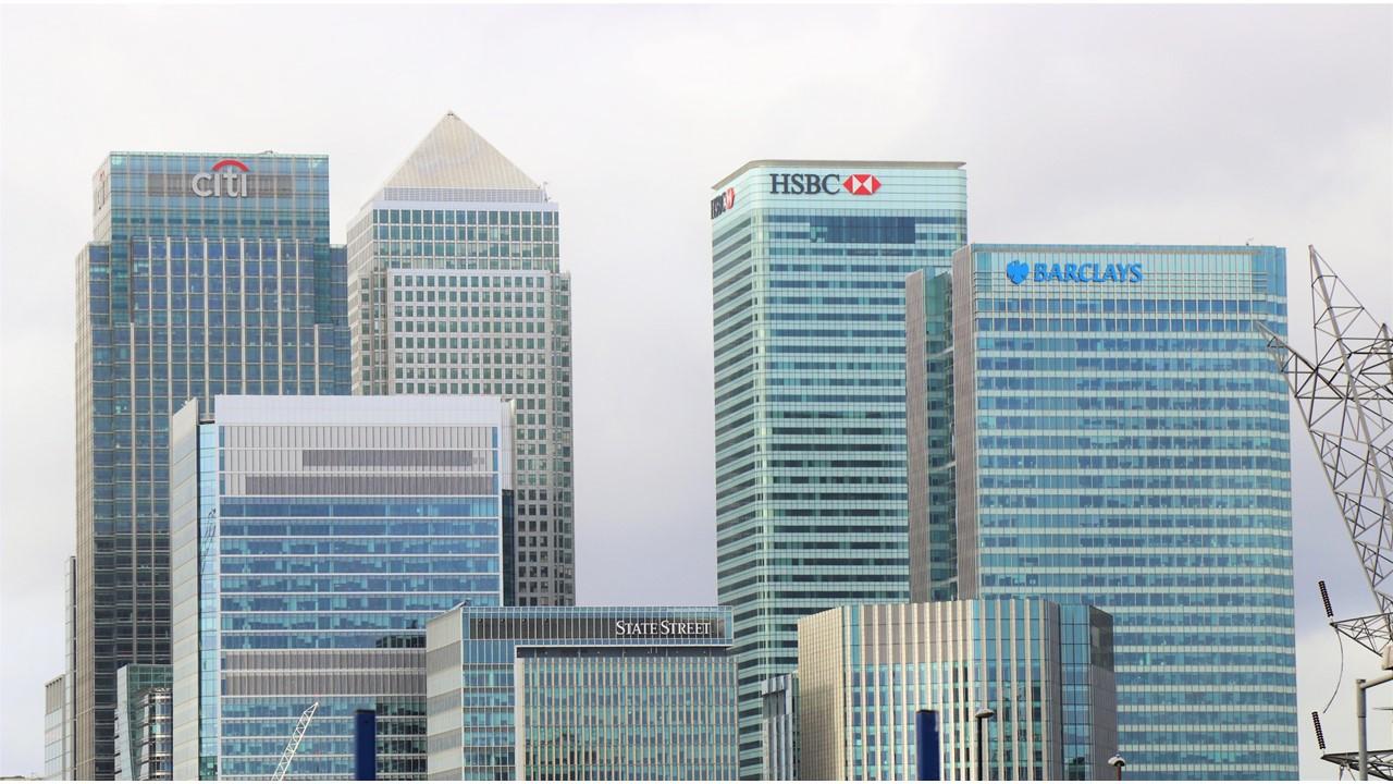 Banks in city skyline