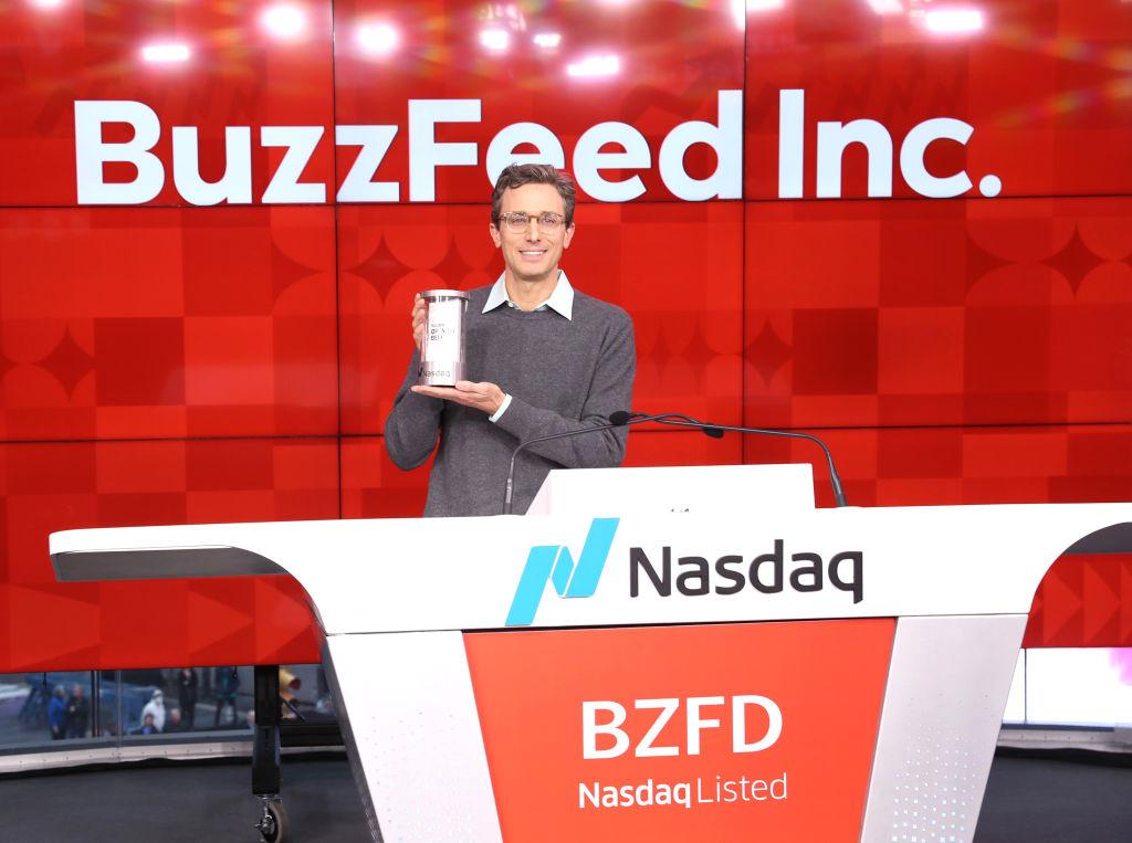 Founder and CEO of BuzzFeed Jonah Peretti celebrates ringing the bell during BuzzFeed Inc.'s Listing Day at Nasdaq 