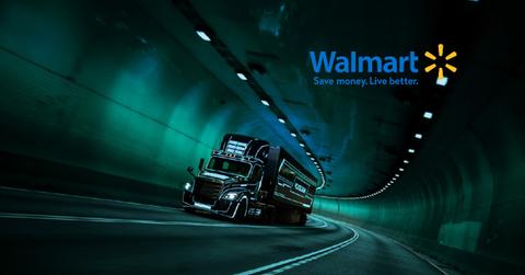 Daimler trucks freightliner EV tractor trailer with the Walmart logo