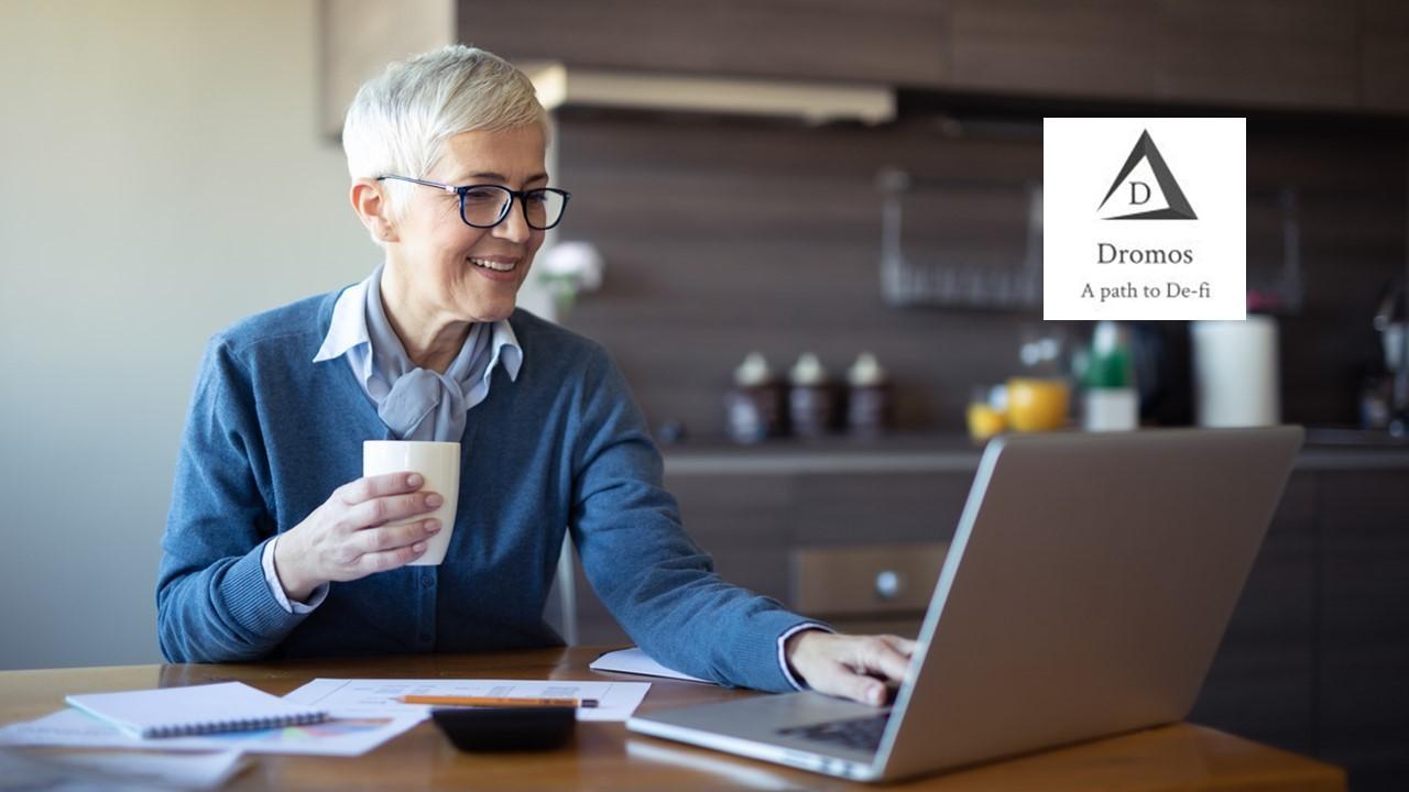 Woman using a laptop and Dromos logo